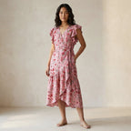 Pink-Red Floral Block Print Cotton Ruffle Midi Wrap Dress