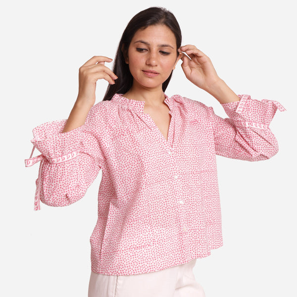 Right View of a Model wearing Pink Sanganeri Block Print Cotton Ruffled Collar Blouse