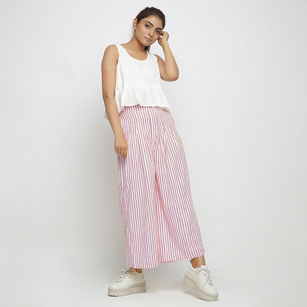 Front View of a Model wearing Pink Striped Wide Legged Cotton Pant