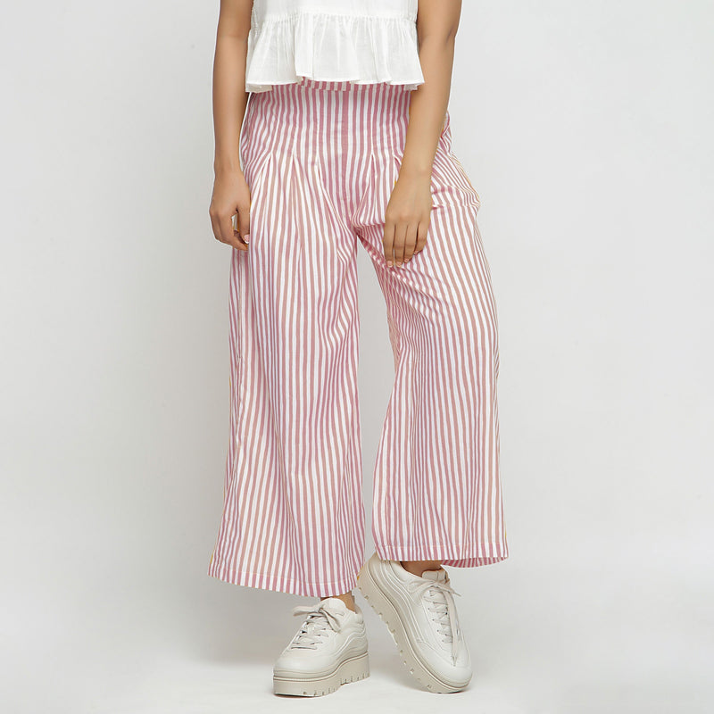 Front View of a Model wearing Pink Striped Wide Legged Cotton Pant