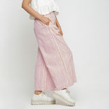 Right View of a Model wearing Pink Striped Wide Legged Cotton Pant