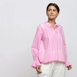 Right View of a Model wearing Pink Tie-Dye 100% Cotton Shirred Blouson Top