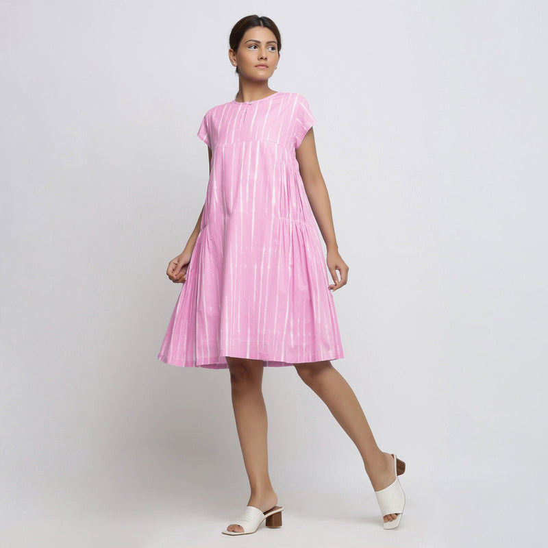 Left View of a Model wearing Pink Tie Dye Yoked Knee Length Dress