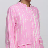 Front Detail of a Model wearing Pink Hand Tie-Dye Cotton Button-Down Jacket