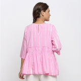 Back View of a Model wearing Pink Cotton Tie-Dye Cotton Gathered Flared Top