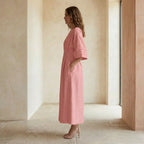 Pink Warm Cotton Flannel Boat Neck Maxi Dress with Kimono Sleeves