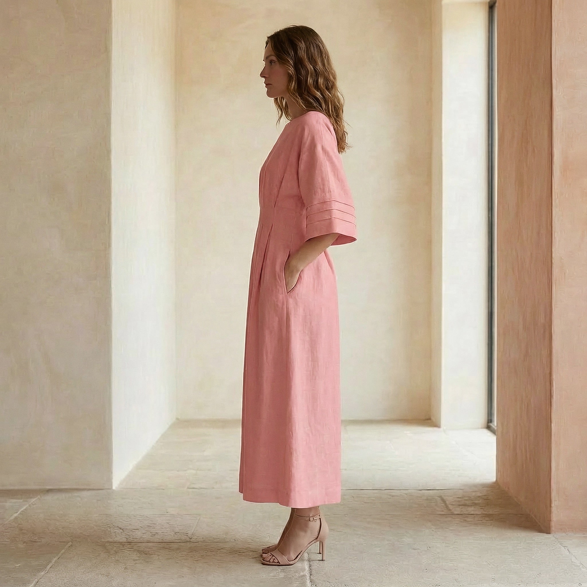 Pink Warm Cotton Flannel Boat Neck Maxi Dress with Kimono Sleeves
