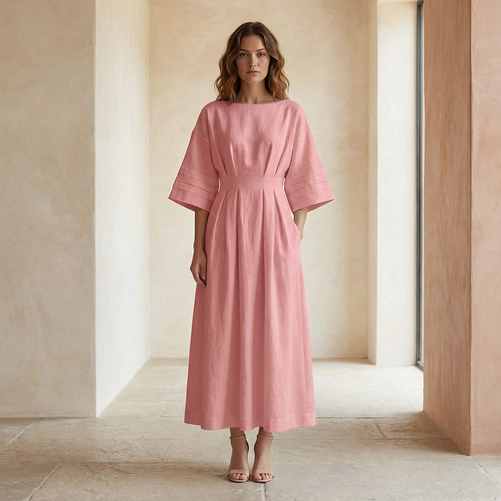 Pink Warm Cotton Flannel Boat Neck Maxi Dress with Kimono Sleeves