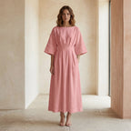 Pink Warm Cotton Flannel Boat Neck Maxi Dress with Kimono Sleeves