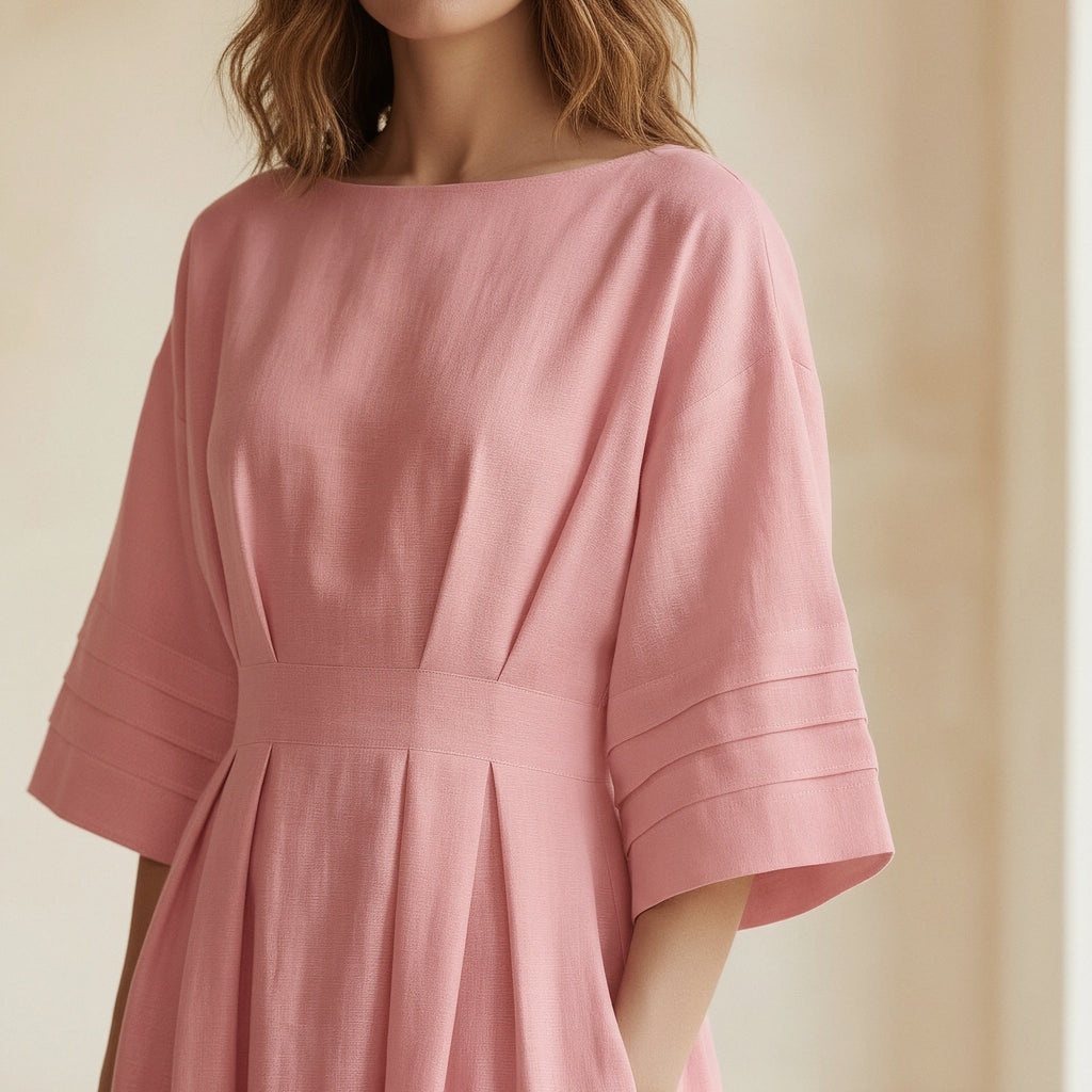 Pink Warm Cotton Flannel Boat Neck Maxi Dress with Kimono Sleeves
