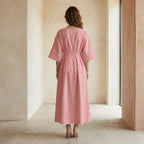 Pink Warm Cotton Flannel Boat Neck Maxi Dress with Kimono Sleeves
