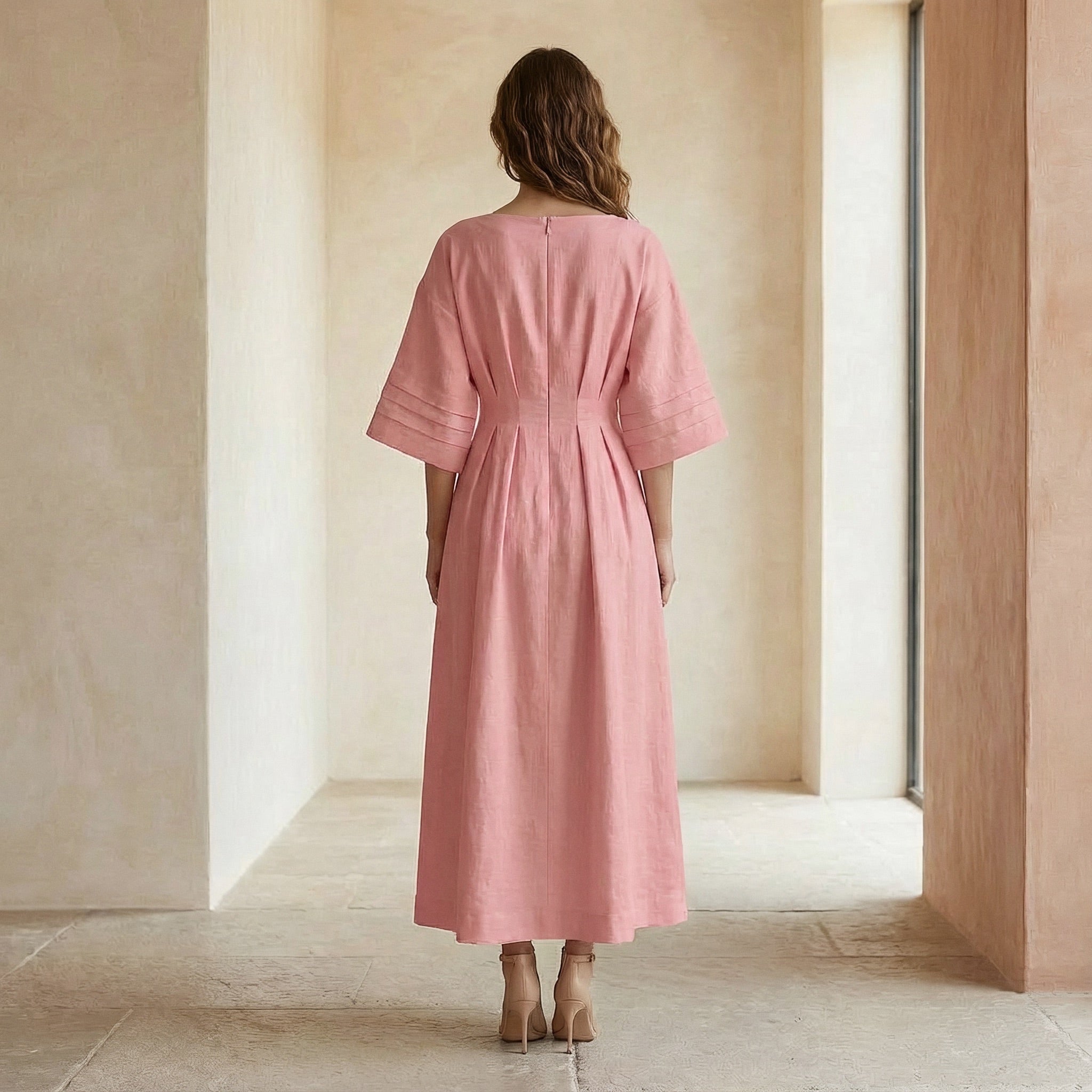 Pink Warm Cotton Flannel Boat Neck Maxi Dress with Kimono Sleeves