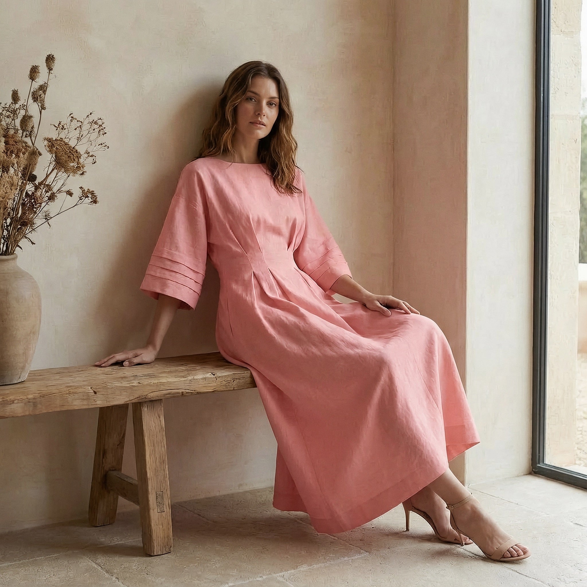 Pink Warm Cotton Flannel Boat Neck Maxi Dress with Kimono Sleeves