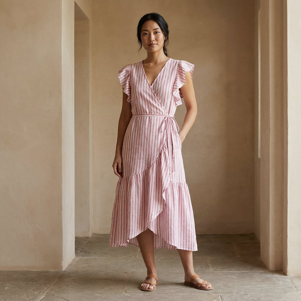 Pink-White Stripes Block Print Cotton Ruffle Midi Wrap Dress