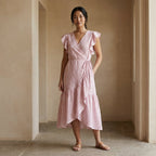 Pink-White Stripes Block Print Cotton Ruffle Midi Wrap Dress