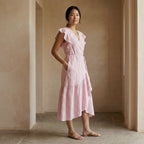 Pink-White Stripes Block Print Cotton Ruffle Midi Wrap Dress