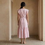 Pink-White Stripes Block Print Cotton Ruffle Midi Wrap Dress