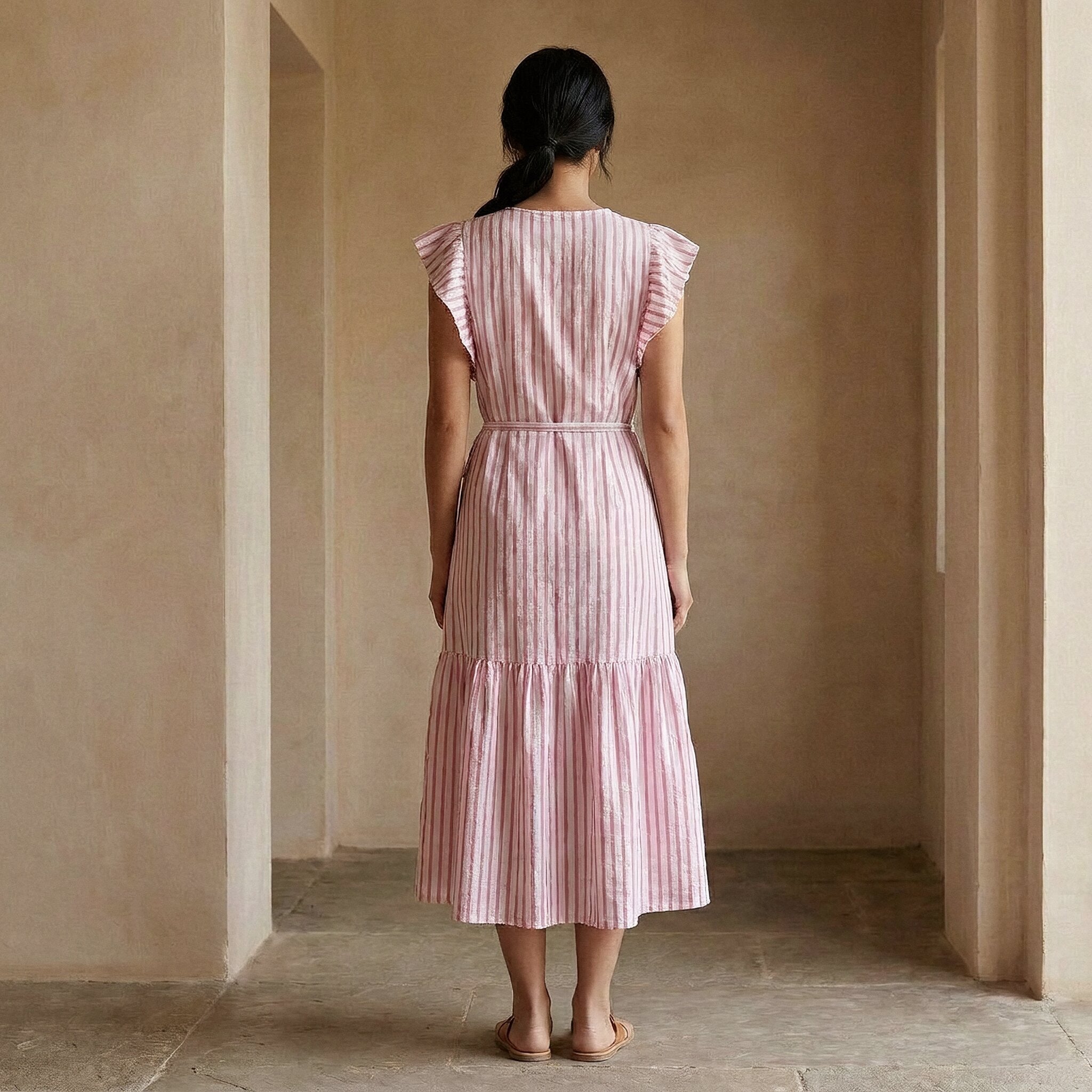 Pink-White Stripes Block Print Cotton Ruffle Midi Wrap Dress