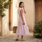 Pink-White Stripes Block Print Cotton Ruffle Midi Wrap Dress