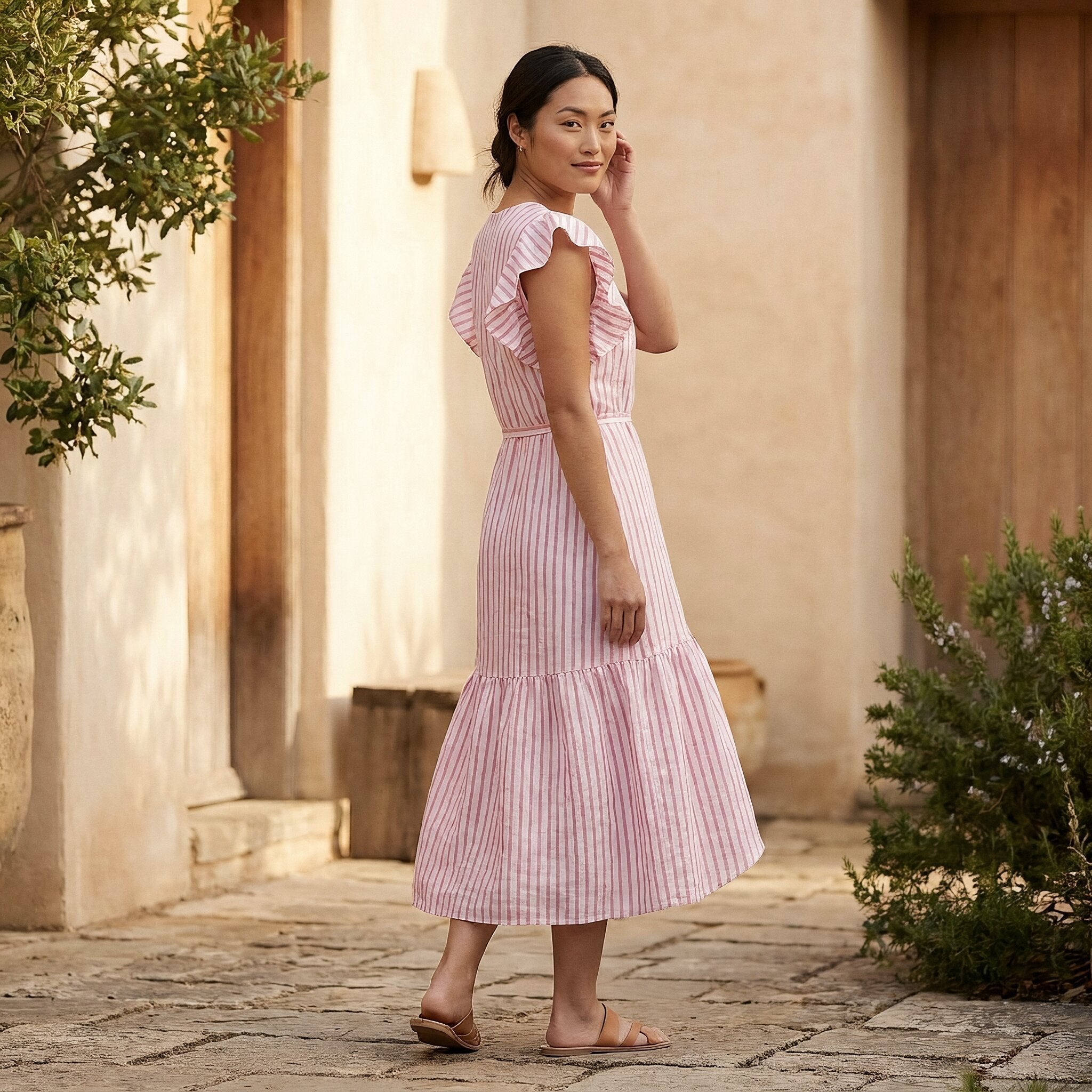 Pink-White Stripes Block Print Cotton Ruffle Midi Wrap Dress