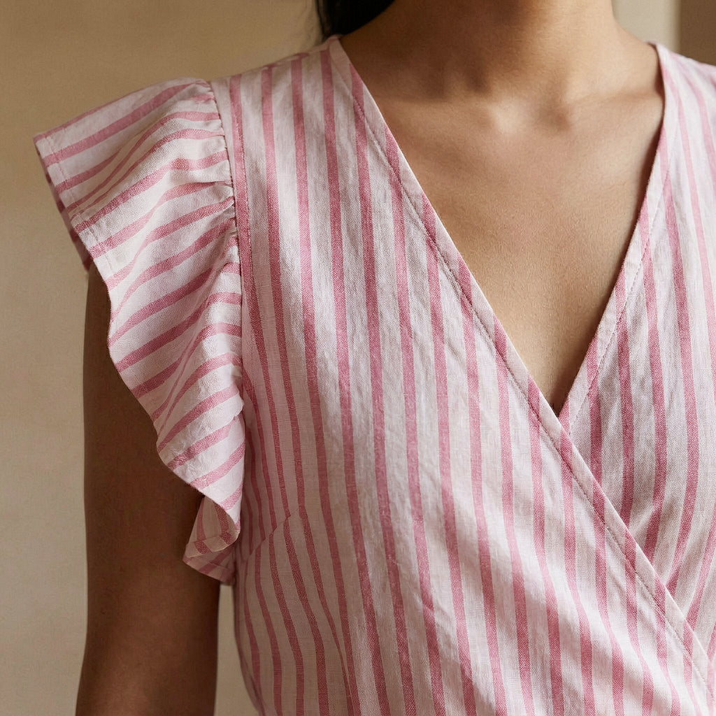 Pink-White Stripes Block Print Cotton Ruffle Midi Wrap Dress