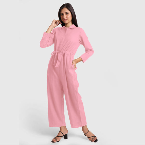 Front View of a Model wearing Pink Wide Legged Cotton Overall