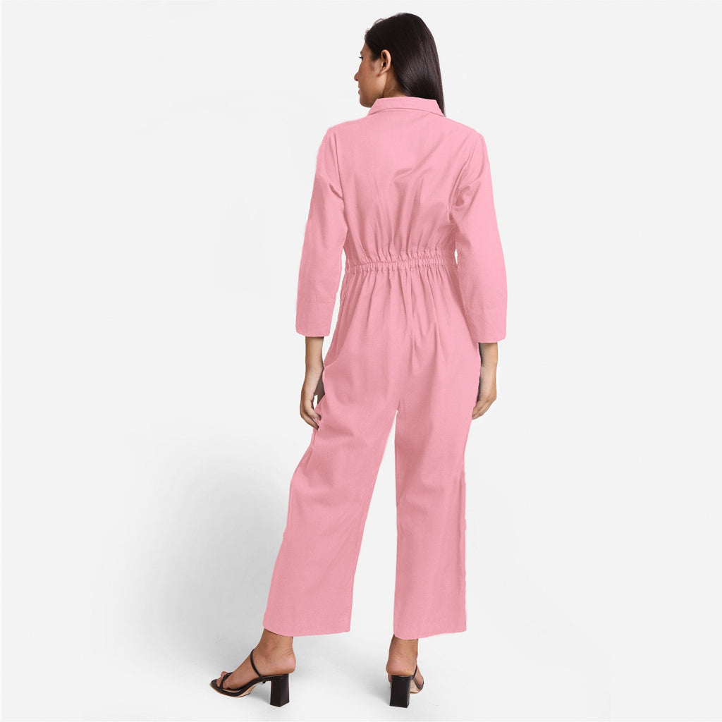 Back View of a Model wearing Pink Wide Legged Cotton Overall