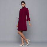 Wine Warm Cotton Corduroy High Neck Short Dress