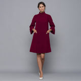 Wine Warm Cotton Corduroy High Neck Short Dress