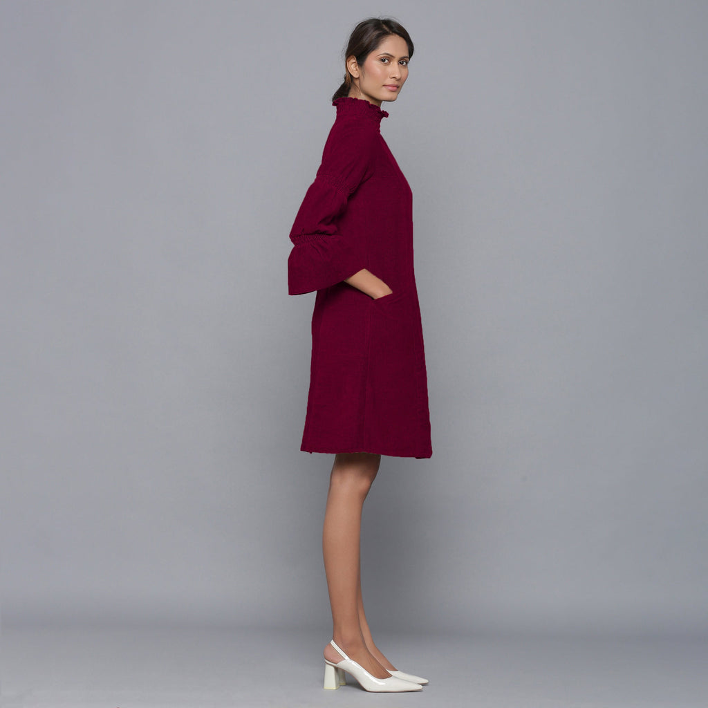 Wine Warm Cotton Corduroy High Neck Short Dress