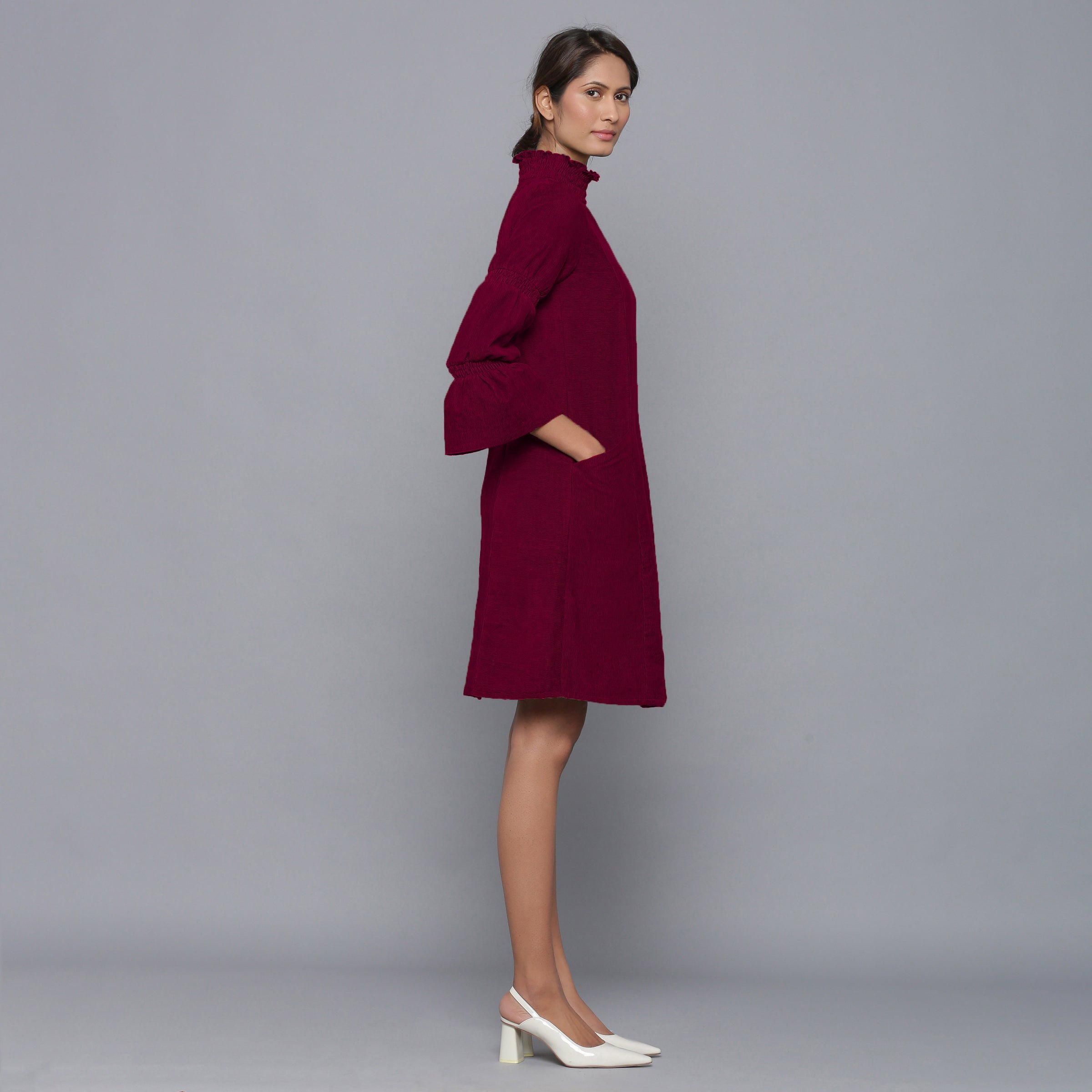 Wine Warm Cotton Corduroy High Neck Short Dress