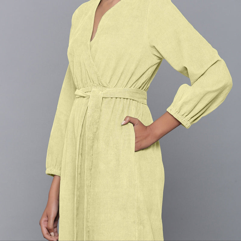 Left Detail of a Model wearing Pista Yellow Corduroy Comfy Jumpsuit