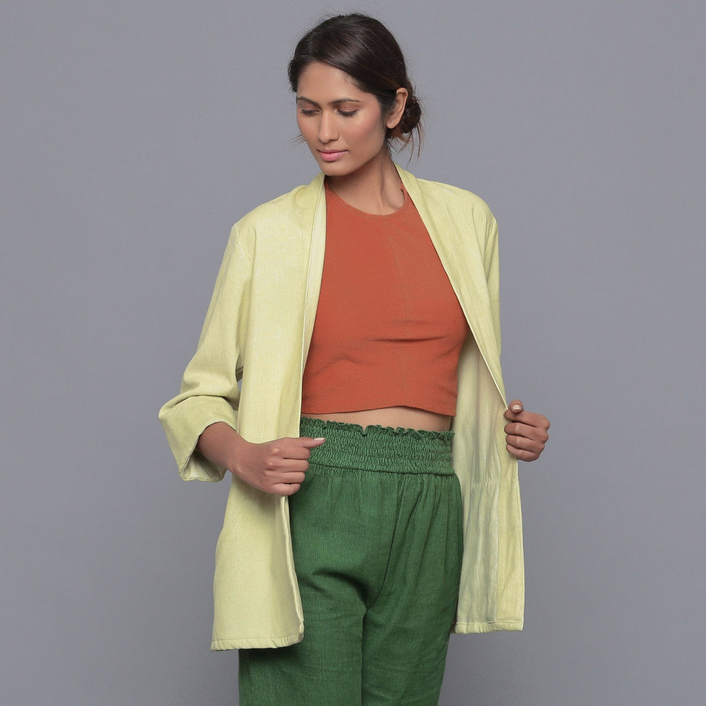 Front View of a Model wearing Pistachio Cotton Corduroy Shrug