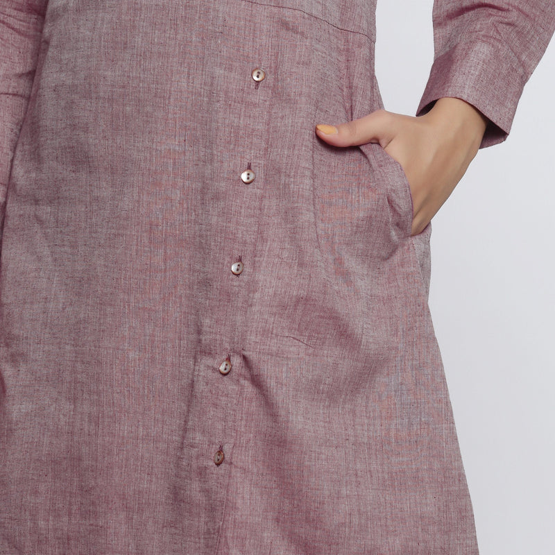 Front Detail of a Model wearing Plum Handspun Button-Down A-Line Dress