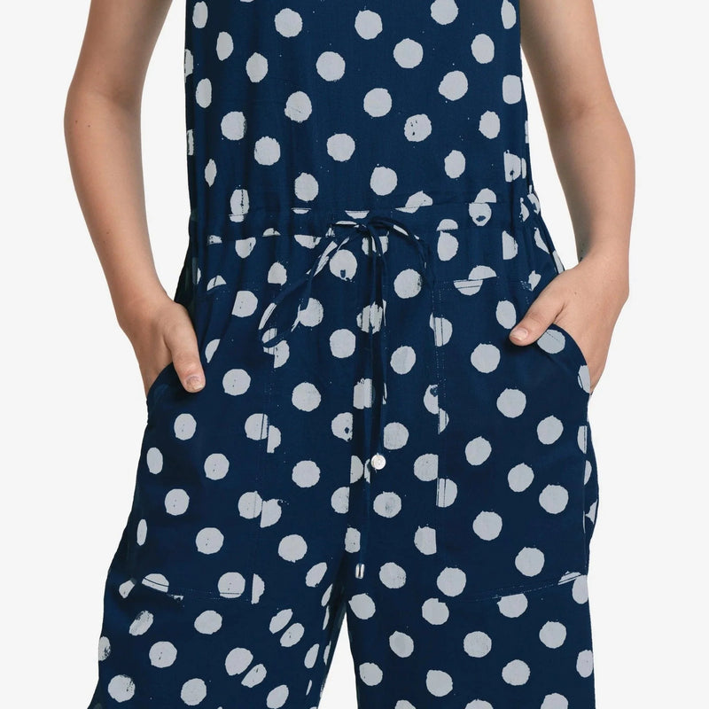 Front Detail of a Model wearing Polka Dot Block Print Cotton Midi Jumpsuit