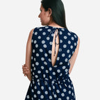 Back Detail of a Model wearing Polka Dot Block Print Cotton Midi Jumpsuit