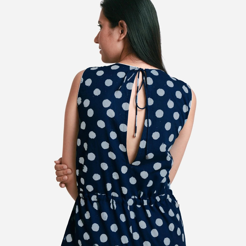 Back Detail of a Model wearing Polka Dot Block Print Cotton Midi Jumpsuit