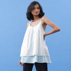 Front View of a Model wearing Powder Blue Block Printed V-Neck Tunic Top