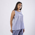 Right View of a Model wearing Powder Blue Handspun Checkered Top