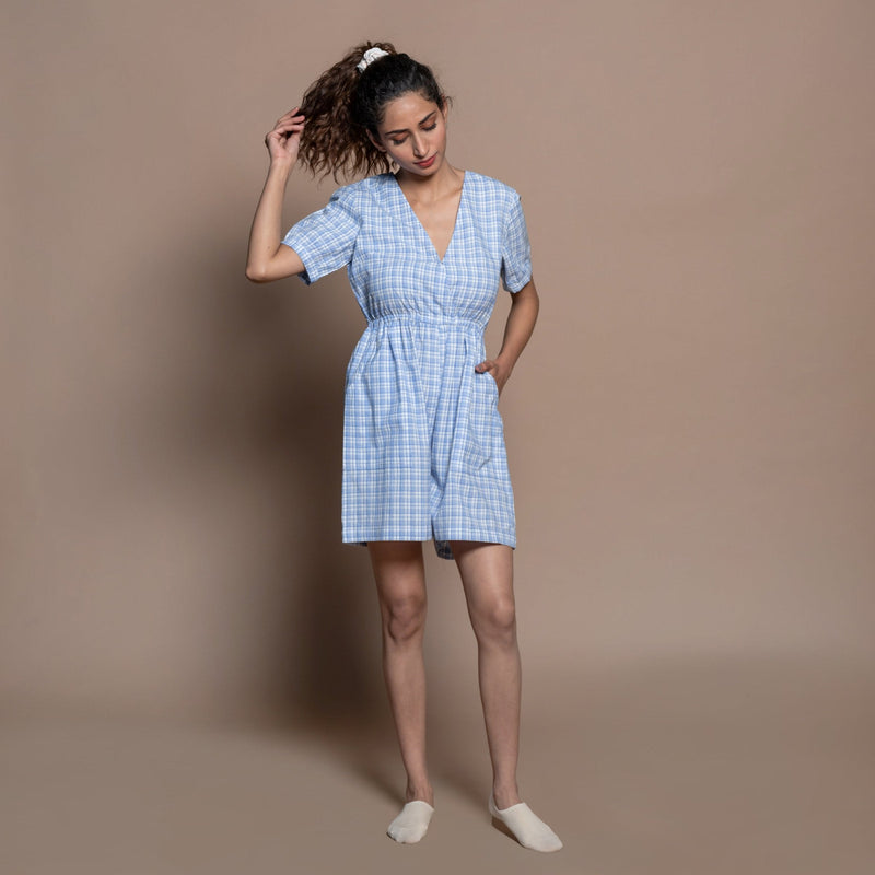 Front View of a Model wearing Powder Blue Checks Handspun Cotton Short Playsuit