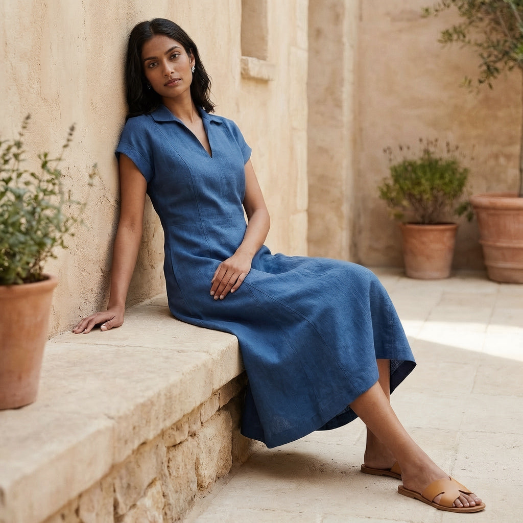 Powder Blue Handspun Cotton A-Line Paneled Midi Dress