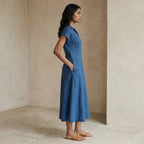 Powder Blue Handspun Cotton A-Line Paneled Midi Dress