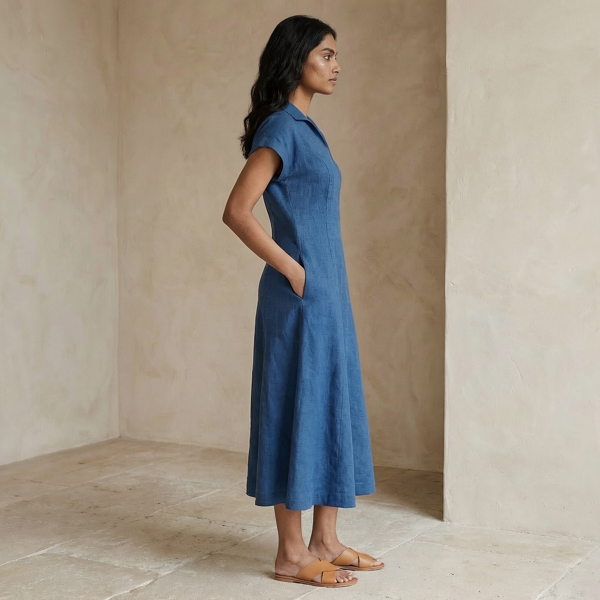 Powder Blue Handspun Cotton A-Line Paneled Midi Dress