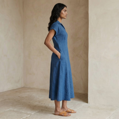 Powder Blue Handspun Cotton A-Line Paneled Midi Dress