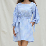 Front Detail of a Model wearing Powder Blue Handspun Cotton Balloon Sleeves Short Dress