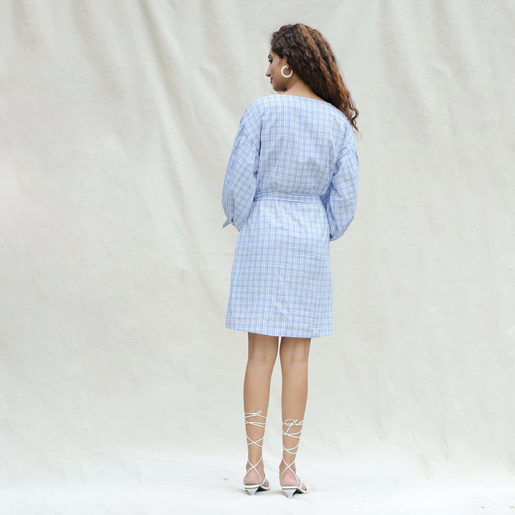 Back View of a Model wearing Powder Blue Handspun Cotton Balloon Sleeves Short Dress