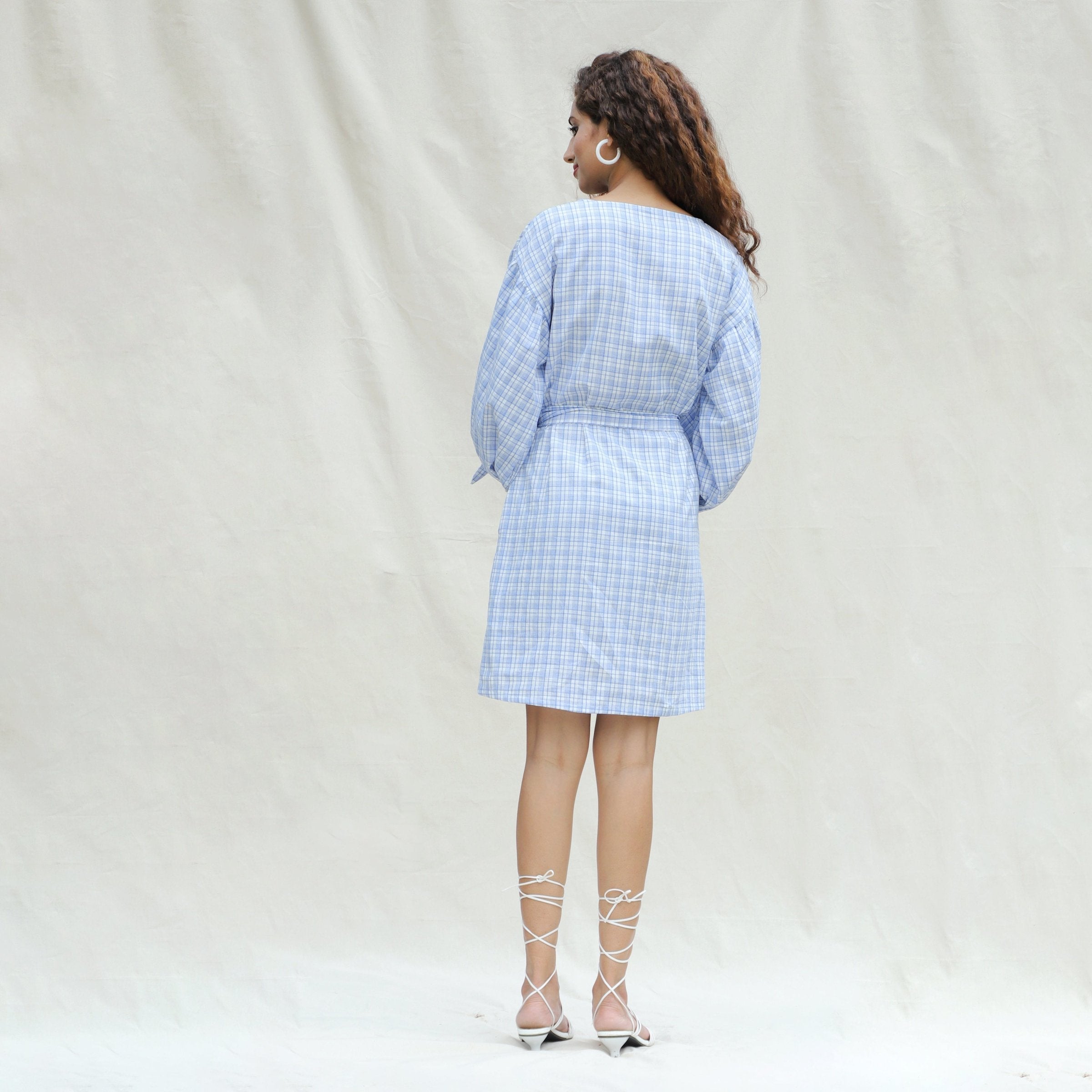 Back View of a Model wearing Powder Blue Handspun Cotton Balloon Sleeves Short Dress