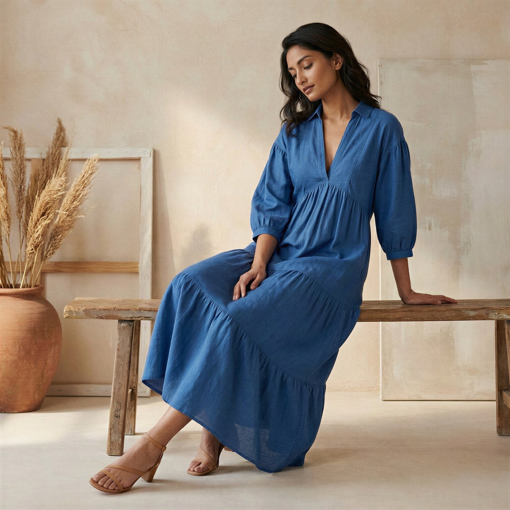 Powder Blue Handspun Cotton Deep-V Maxi Tier Dress