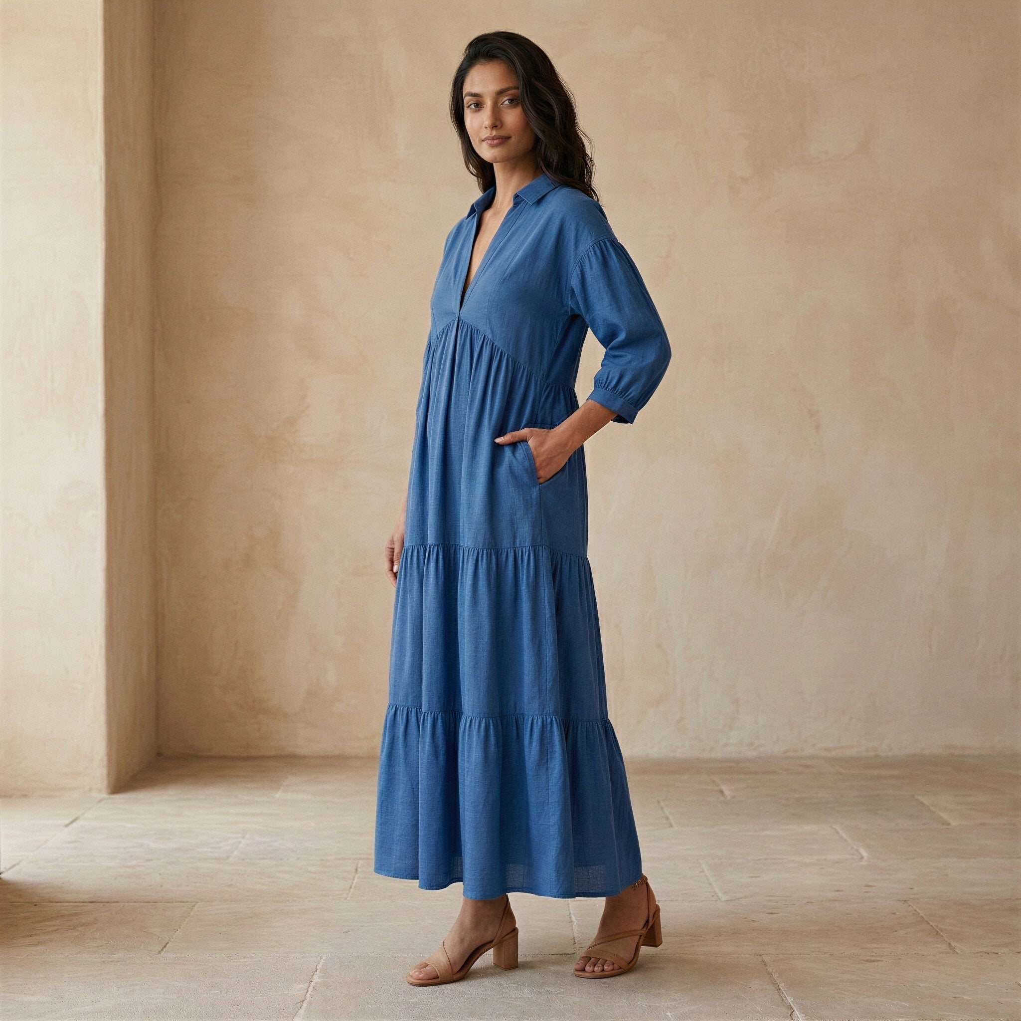 Powder Blue Handspun Cotton Deep-V Maxi Tier Dress