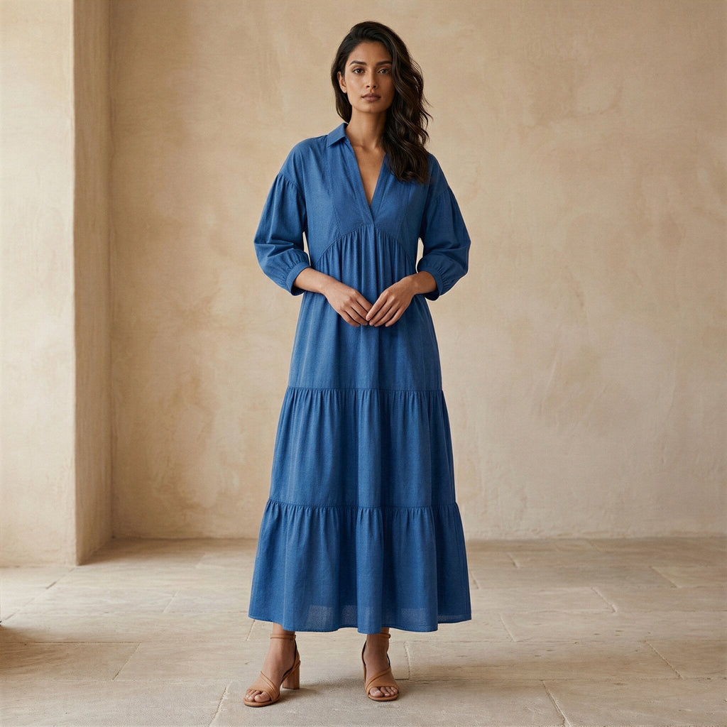 Powder Blue Handspun Cotton Deep-V Maxi Tier Dress